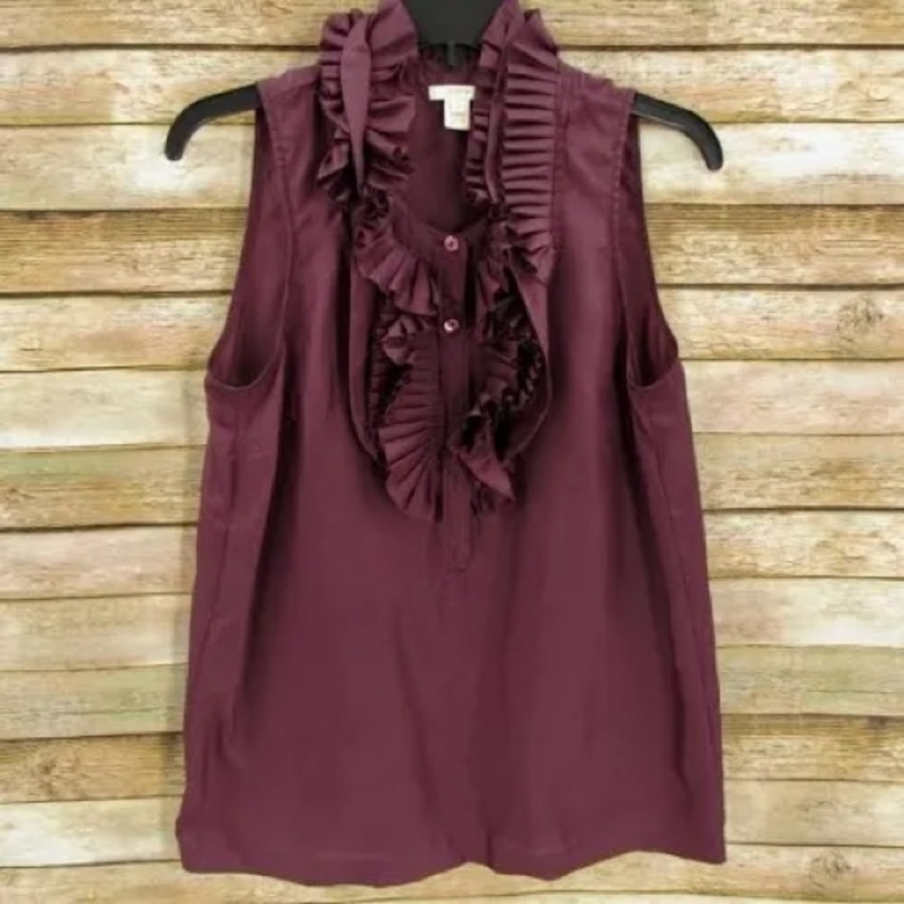 J. Crew NWT Ruffled Sleeveless Blouse 100% silk - Burgundy